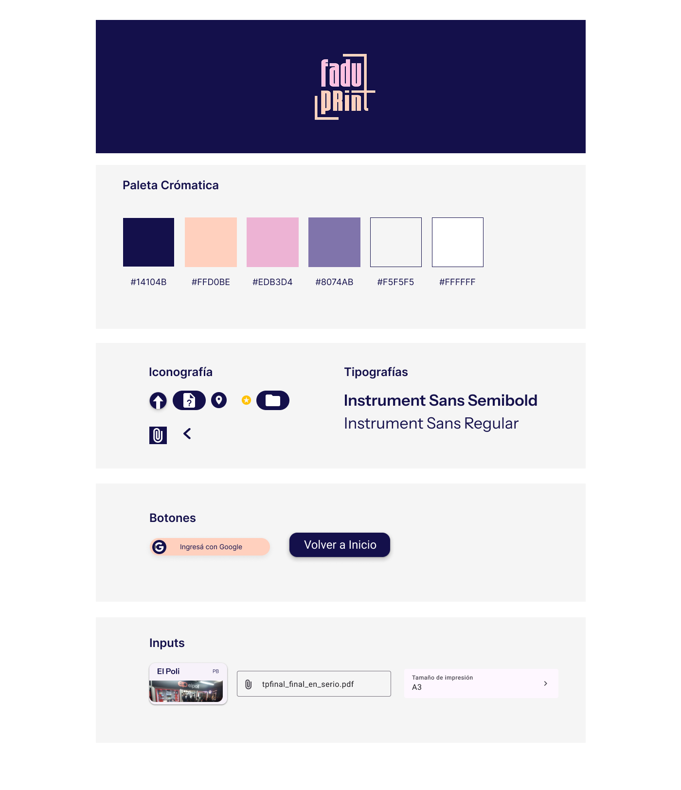 Design System de FADU Print — paleta cromática, iconografía, tipografías, botones e inputs
