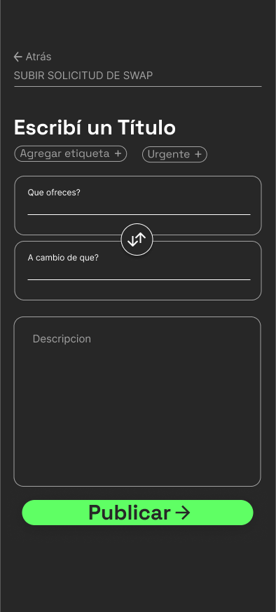 Pantalla para subir una solicitud de swap