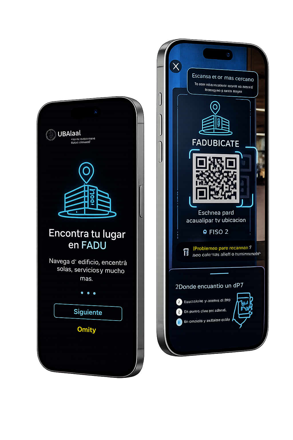 Mockup de FADUBICATE con pantalla de bienvenida y escaneo QR