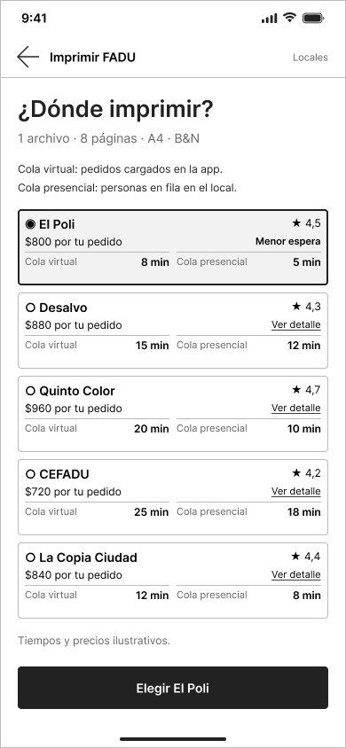 Pantalla de comparación de locales