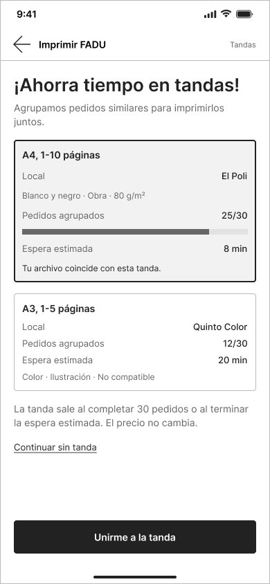 Pantalla de impresión en tandas