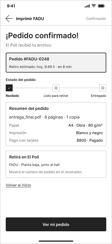 Pantalla de pedido confirmado con los datos de retiro