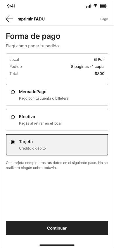 Pantalla de selección de forma de pago