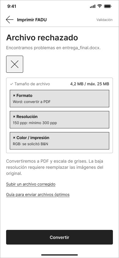 Pantalla de validación con errores